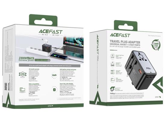 ACEFAST Z1 PD 75W Fast Charger 3 Type-C + 2 USB-A GaN Travel Power Socket with EU / UK / US / AU Plug - Black